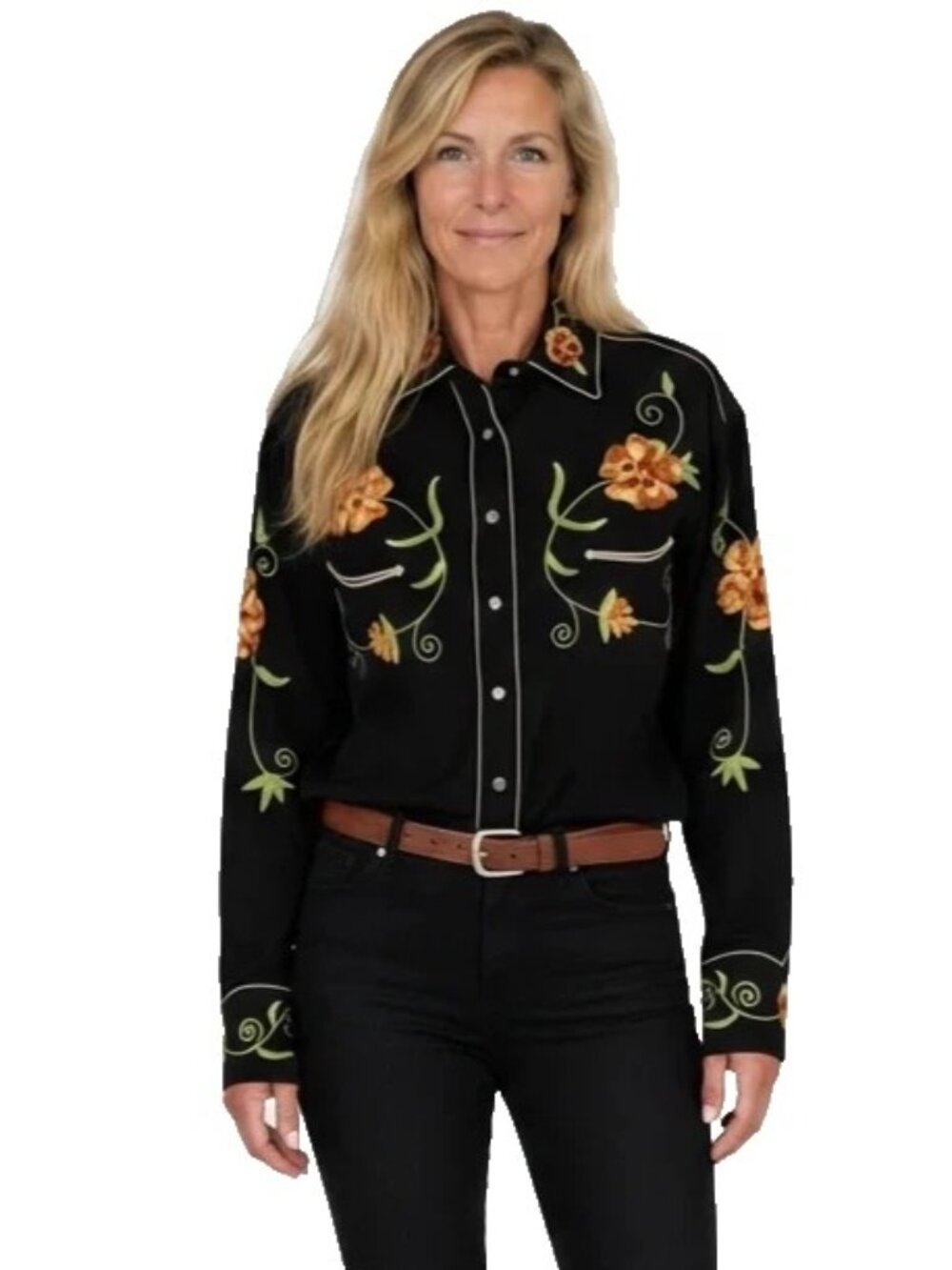 Rockmount Ranchwear Western Pearl Snap Shirt Black Floral Embroidered M Medium